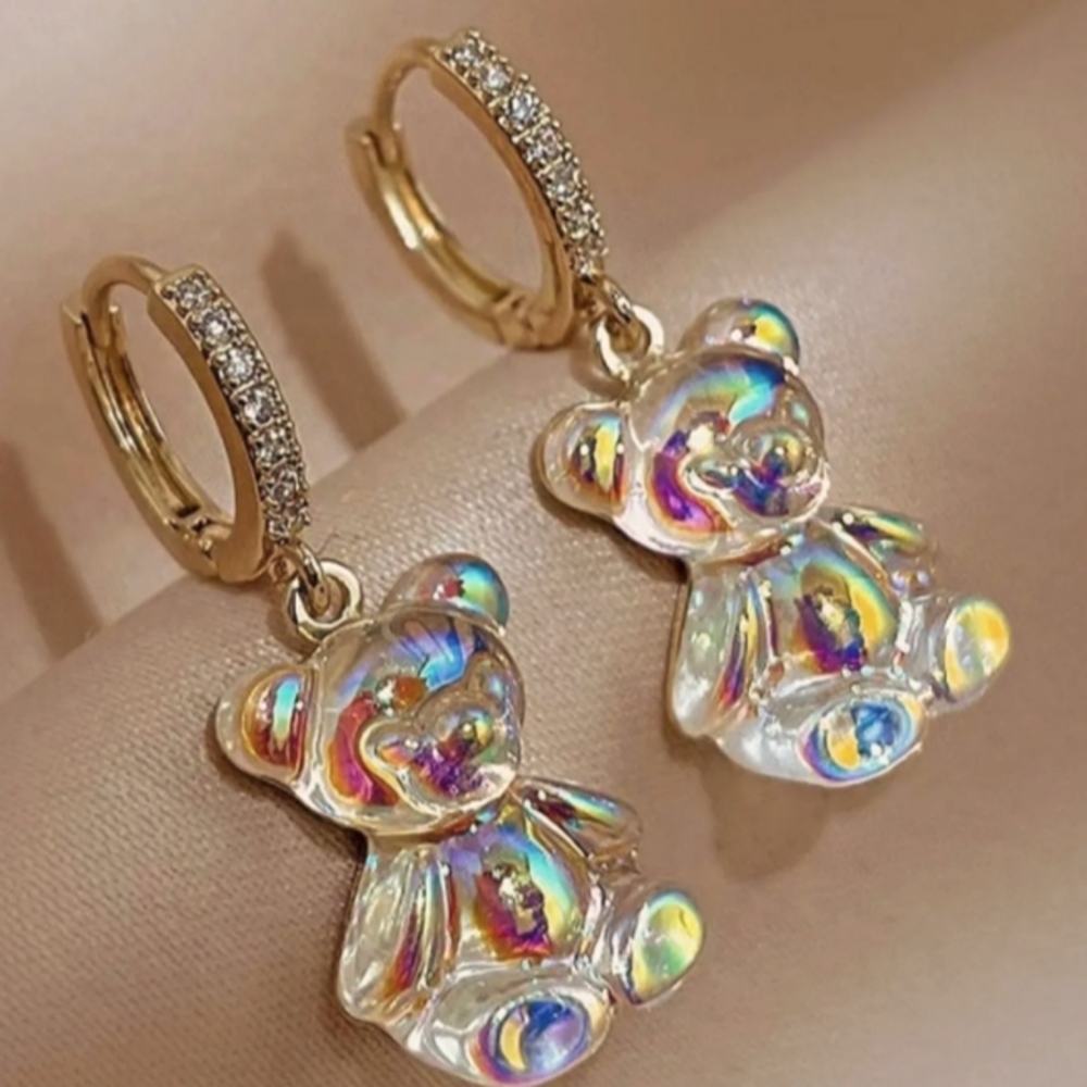 HOOP YELLOW GOLD IRIDESCENT TEDDY BEAR DANGLE EARRINGS 1 IN